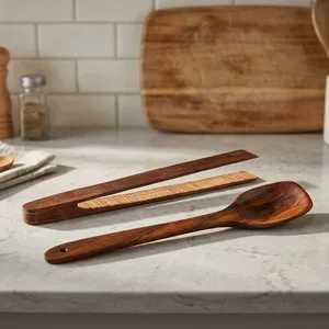 Ensemble d'ustensiles de cuisine en bois artisanal, cuillère de cuisine en bois naturel et pinces de cuisine en bambou, outils de cuisine écologiques pour servir - Product Image 3