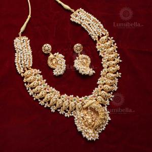 South India Jewels Gold Plated Long Haram Bridal Jewelry Set with Earrings - Product Image 1
