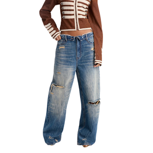 Jean en denim délavé pour femme, taille mi-haute, coupe droite, détails déchirés, style streetwear décontracté, coupe ample, bleu, pantalon tendance - Product Image 1