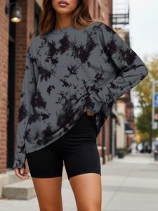Women's <b>Long</b> <b>Sleeve</b> Crew Neck Pullover Gray <b>Black</b> Tie Dye Print Casual <b>Top</b> Full <b>Sleeve</b> Knitted Polyester Sweatshirt - Product Image 5