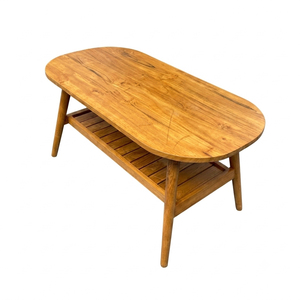 Minimalist Modern <b>Solid</b> Teak Oval Slatted Coffee Table High Quality Honey Finish Open Shelf Non-Foldable Hotel Lounge Wholesale - Product Image 2