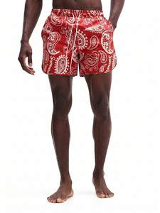 Traje de baño rojo con estampado paisley para hombre, cintura media, con cordón ajustable, de secado rápido, pantalones cortos de poliéster tejido, hecho en Pakistán. - Product Image 4