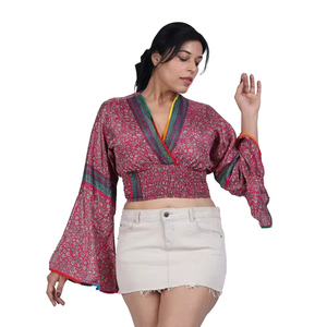 Women's Polyester Printed Floral V neck Crop <b>Top</b> Manufacturer - Product Image 1