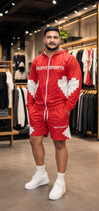 REXFIT SPORTS 2026 ชุดแจ็คเก็ตและกางเกงขาสั้นไนลอนกันลมสีแดงขาวแบบกำหนดเอง แบรนด์ส่วนตัว เสื้อผ้าสตรีทแวร์และชุดกีฬาสำหรับผู้ชาย - Product Image 2