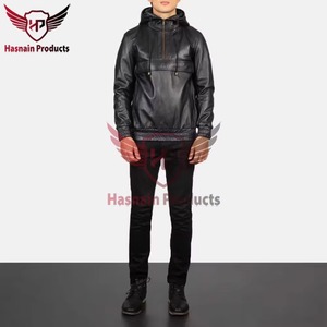 Chaqueta Anorak con Capucha de Cuero Genuino Negro para Hombre, con Media Cremallera y Bolsillos con Solapa, de Piel de Oveja, Estilo Urbano Personalizado, Abrigo de Invierno - Product Image 3