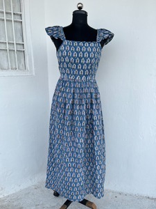 Women's Blue Floral Print Sleeveless Maxi <b>Dress</b> Square Neck Ruffle Cap Sleeves Tie Back A-Line Casual Cotton Summer <b>Dress</b> - Product Image 1