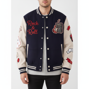 Chaqueta Varsity Azul Marino para Hombre con Mangas Crema, Parche Bordado Rock & Roll, Chaqueta Bomber de Béisbol Estilo Letterman, Preppy Streetwear - Product Image 2