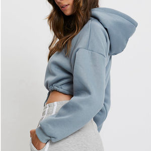 Sweat-shirt décontracté pour femme, bleu clair, coupe courte, avec cordon de serrage à la taille, manches longues, en polaire, pour l'automne - Product Image 4