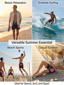 Maillot de bain noir pour hommes avec imprimé fleur de lys rose, short en polyester à séchage rapide, coupe régulière, 1 pièce - Product Image 5