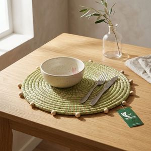 Coiled Handwoven Seagrass Round <b>Placemat</b> Green Stitched Wooden Bead Trim Heat-Resistant Customizable Boho Dining <b>Table</b> Charger - Product Image 3