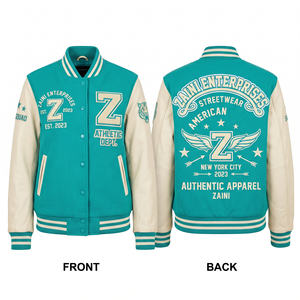 Women Varsity <b>Jacket</b> 450 GSM Wool Blend Body PU Leather Sleeves Chenille Embroidery Custom Logo Teal <b>Cream</b> - Product Image 1
