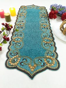 Camino de Mesa Bordado a Mano, Diseño Vintage Rectangular en Azul y Dorado, Tapete Decorativo para Mesa de Comedor - Product Image 4