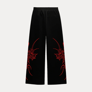 Pantalon en toile polaire noir unisexe style gothique à jambe large avec broderie rouge, taille élastique, respirant, en polyester mi-lourd, décontracté pour l'hiver - Product Image 2