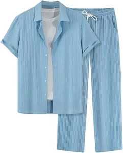 Men Summer 2 Piece Set Short Sleeve Button Shirt Drawstring <b>Pants</b> Pleated Lounge Outfit Turn <b>Down</b> Collar Elastic Waist - Product Image 1