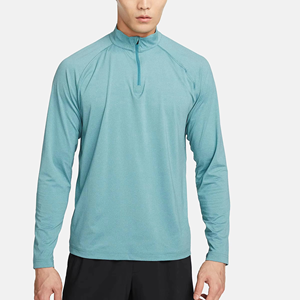 Chemise à manches longues pour homme, col zippé, couleur unie, bleu sarcelle, tricotée, séchage rapide, coupe ajustée, style sportif, col montant, pour le printemps - Product Image 1