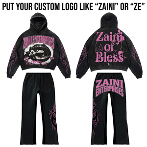 Conjunto Deportivo Premium para Hombre, 320 GSM, Algodón y Poliéster, Sudadera con Estampado Gráfico Negro y Rosa, Pantalones, Logotipo Personalizado, OEM, ODM - Product Image 1