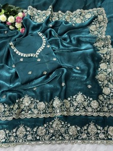 Sari de diseño con lentejuelas de seda y bordado Zari con trabajo de codificación, con blusa sin coser, color verde azulado 84550 - Product Image 4