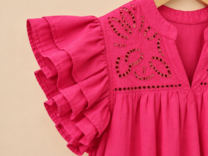 Chemise bohème rose pour femmes avec manches à volants, col en V, coupe ample, en coton, pour le printemps et l'été, vêtements décontractés - Product Image 4