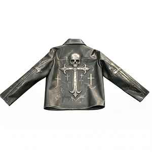 Blouson en cuir PU pour homme, style motard, imprimé croix métallique, vintage, streetwear, DTG, coupe oversize, vente en gros OEM - Product Image 1