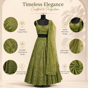 Women Olive Green Embroidered Lehenga Choli Set <b>Sequin</b> Bridal Wedding Dress with Dupatta Traditional Indian Party Ceremony - Product Image 5