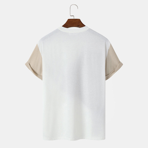 เสื้อยืดผู้ชายลายเรขาคณิตสีสันตัดกัน แขนสั้น คอกลม ลำลอง ทรงปกติ สีขาว เบจ น้ำตาล - Product Image 2