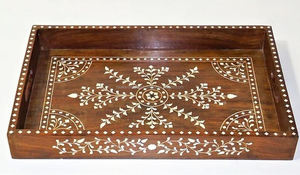 Plateaux de service décoratifs élégants et luxueux en bois et nacre, avec corde tressée, design floral fait main, pour fêtes, chocolats, FWE - Product Image 3