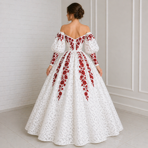 Elegant White Embroidered Ball Gown with <b>Red</b> Floral Detailing Off Shoulder Long Sleeve Princess Wedding Dress Luxury Lace - Product Image 3