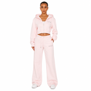 Custom Logo Women <b>Pink</b> Cropped Hoodie Wide Leg Sweatpants Set Fleece Cotton Full Zip Up Jogging <b>Tracksuit</b> Two Piece Activewear - Product Image 1