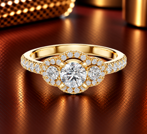 Anillo de Diamante Cultivado en Laboratorio con Corte Redondo, Oro de 14K/18K, Tres Piedras con Halo Pavé, 0.95Ct DEF VVS, Elegante Regalo de Aniversario, ODM - Product Image 1