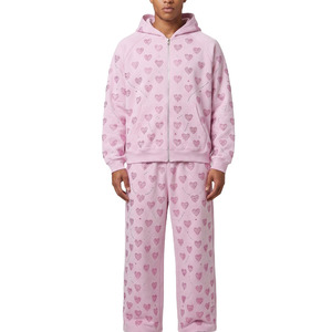 <b>Pink</b> Heart Print <b>Tracksuit</b> Set Full Length Zipper Hooded Casual Regular Fit Unisex Adults Spring Wear 100% Cotton Breathable - Product Image 1