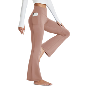 High Waist Flared Leg <b>Yoga</b> <b>Pants</b> Solid Color With Pockets Spandex Nylon Four-Way Stretch Ankle-Length Women Activewear - Product Image 3