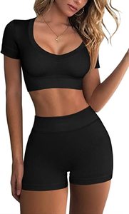 Conjunto Deportivo Sin Costuras Acanalado para Mujer: Top Corto de Manga Corta y Shorts de Fitness de Cintura Alta Elásticos para Gimnasio - Product Image 2