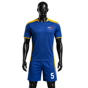 Ensemble maillot et short de football ORVO Sports pour homme, bleu et jaune, avec logo personnalisé, manches courtes, col en V, polyester, modèle OR-SOCCER-104 - Product Image 3