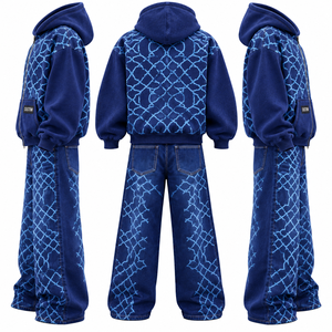 Conjunto de Sudadera con Capucha Oversize Unisex de Felpa Francesa Azul Sólido con Cremallera y Jeans de Mezclilla Casual Estilo Urbano con Bolsillo Delantero Transpirable - Product Image 3