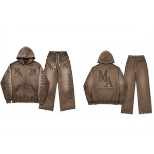 Conjunto Deportivo Mudassar Marrón con Efecto Ácido y Cuentas, Sudadera con Capucha y Pantalones Jogger de Algodón y Poliéster, Corte Holgado, 380 g/m², Estampado Casual con Transferencia Térmica - Product Image 3