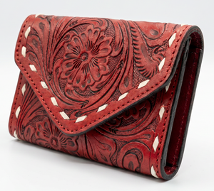 Red Color 100% Genuine Leather Fold <b>Wallet</b> With Embossed Floral Design Hollow Out Pattern Handmade Vintage Women's Short <b>Wallet</b> - Product Image 2