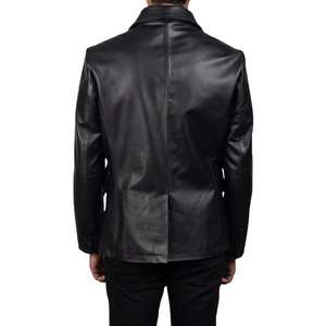 Men's Black Genuine <b>Leather</b> Double Breasted Button Jacket Slim Fit Shirt Collar <b>Coat</b> - Product Image 5