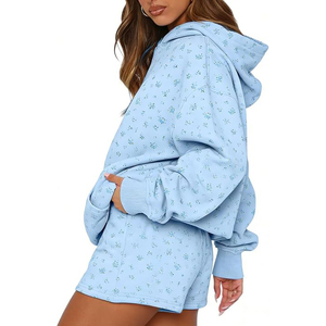 Conjunto de Sudadera con Capucha y Pantalones Cortos con Estampado Floral Personalizado para Mujer, Corte Regular Informal, 2 Piezas, Tejido de Rizo Ecológico y Transpirable, para Primavera - Product Image 4