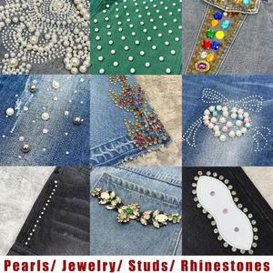 TOPSHOW Denim Manufacturer Streetwear Custom Vintage Wash Mid Waist Knitted Patchwork Men's Jeans Shorts with Rhinestones - Product Image 2