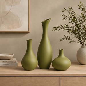 Ensemble de 3 vases décoratifs modernes en aluminium mat vert olive, faits à la main, durables, pour la décoration de table, salon, maison |   Élégant - Product Image 4
