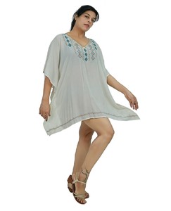Vestido Kaftán de Verano Casual para Playa, Mini, Blanco, con Bordado, Estilo Bohemio, Ecológico, de Viscosa, Cuello en V, Transpirable, Fabricante - Product Image 3