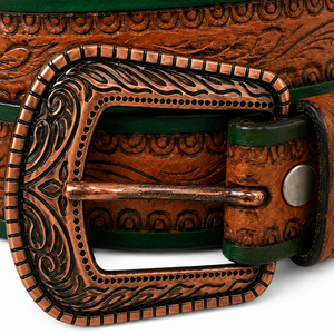 Cinturón Vaquero Occidental de Cuero Genuino con Grabado Floral y Borde Verde Cobre, Hecho a Mano, Vintage, Unisex, Ecológico, Duradero, Casual - Product Image 3