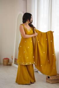 Pryosha Enterprise <b>Women</b> Haldi Yellow Sleeveless <b>Kurta</b> Mirror Embroidered Yoke Back Dori Sharara Suit All Seasons - Product Image 4