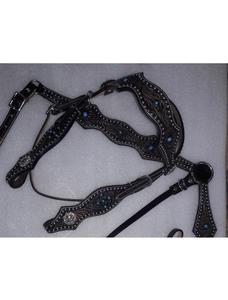 Conjunto de cabezada, pechopetral y riendas de cuero negro estilo western, con adornos florales, incrustaciones de turquesa y tachuelas, cómodo y duradero LLT - Product Image 2