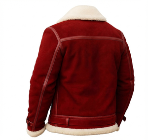 <b>Mens</b> Red <b>Suede</b> Motorcycle <b>Jacket</b> With Sherpa Lining Winter Turn Down Collar Genuine <b>Leather</b> Sherpa Lined <b>Jacket</b> Zip Up Winter - Product Image 3
