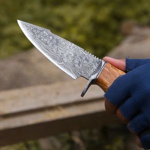 Couteau de chasse à lame fixe en acier Damas, personnalisé avec manche en bois d'olivier, pour survie en extérieur, camping et pêche - Product Image 5