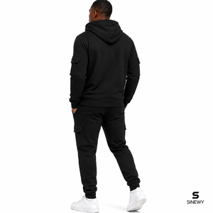Sweat-shirt à capuche zippé noir pour homme, coupe classique, couleur unie, doublure polaire 100% coton, décontracté, hiver, avec poches, motif thermocollé - Product Image 4