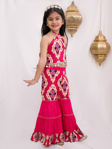 ชุดเสื้อแขนกุดผ้าฝ้ายทอพิมพ์ลายแบบนามธรรม Titrit และกางเกง Sharara - สีแดง - Product Image 1