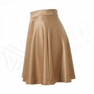 Women A-Line Mini <b>Skirt</b> PU Leather Satin <b>Elastic</b> Waist Shiny Solid Color Pleated Design All Seasons Wear - Product Image 3