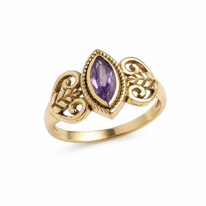 Bague en améthyste naturelle de forme marquise, avec bande en filigrane dorée, style vintage, faite à la main, bijou de créateur pour femme - Product Image 5